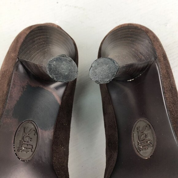 SOFFT Women's 7M Brown Suede Patent Leather Trim Peep Toe High Heel Pumps - Picture 11 of 13